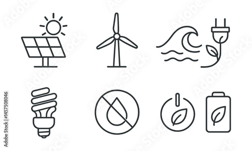 Line style icons of clean and green energy: solar panel with sun, windmill icon, water power wave, charge with green plug, energy-saving light bulb, no fossil fuel badge, eco power switch, battery