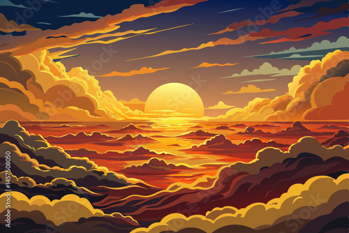 Majestic aerial view of the sun descending into dramatic clouds during an epic sunset, with golden evening light illuminating the sky and cloudscape. Perfect for nature backgrounds, travel inspiration