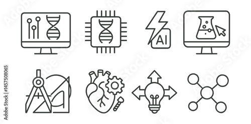 Line style icons of interdisciplinary science: bio-data, tech meets biology, energy + AI, chemistry interface, math + art, medical engineering, innovation cross, fields connection.