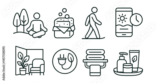 Line style icons of sustainable self-care: nature break icon, low-packaging soap, slow walk after study, digital rest moment, green corner for calm, unplug and breathe badge, reuse towel shelf,