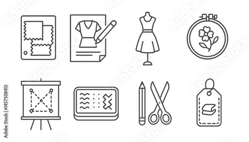 Line style icons of textile and design exhibitions: fabric swatch card, design sketch icon, dress on stand, embroidery frame, pattern diagram board, tactile sample tray, design tools set, textile