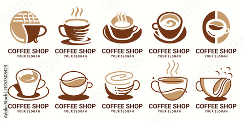 vector set premium coffee Cafe mug icon. Latte aroma symbol. Espresso hot drink cup sign.