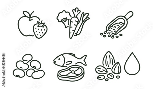 Line style icons of food groups: fruits icon, vegetables bunch, grains scoop, dairy drop, legumes pile, protein portion, nuts and seeds, water icon.