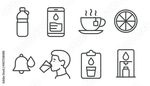 Line style icons of hydration habits: water bottle, hydration tracker, herbal tea, lemon slice, drink reminder, thirst icon, water goal, refill station.