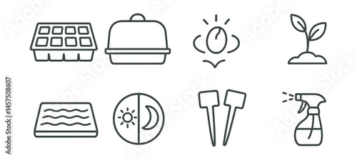 Line style icons of seed starting: seed tray, dome lid, germination icon, sprout symbol, grow mat, light schedule, label sticks, water mister.