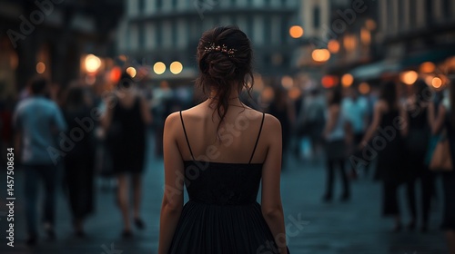 black dress city woman stylish young woman walking in busy city square