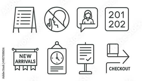 Line style icons of library signage: floor directory board, quiet zone symbol, “ask a librarian” sign, room numbers icon, new arrivals banner, open hours poster, policy board, arrow to checkout.