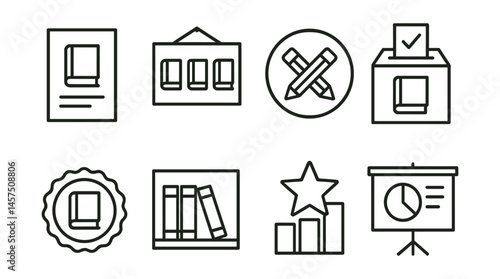Line style icons of book selection and voting: reader poll slip, shortlist board, tie-break token, vote box icon, community pick badge, suggested reads shelf, majority wins star, democratic choice