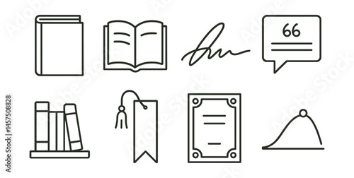 Line style icons of literature fundamentals: hardcover book, open pages icon, author signature, literary quote card, genre shelf symbol, bookmark with tassel, classic edition cover, story arc diagram