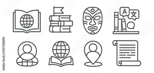 Line style icons of world literature: global book icon, translated novel stack, cultural folktale mask, multilingual bookshelf, world reader badge, story globe symbol, intercontinental author pin,