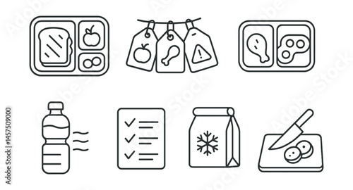 Line style icons of school lunch planning: bento box, food group tags, allergen alert, snack divider, hydration focus, lunch checklist, food safe pack, prep station.
