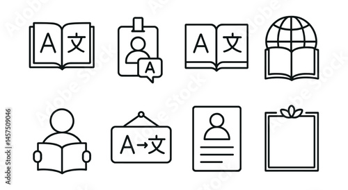 Line style icons of translated and international works: dual language book icon, translator credit badge, edition comparison card, global book fair symbol, bilingual reader tag, “translated from”