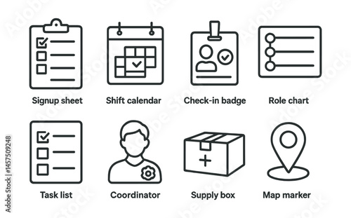 Line style icons of volunteer logistics: signup sheet, shift calendar, check-in badge, role chart, task list, coordinator icon, supply box, map marker.