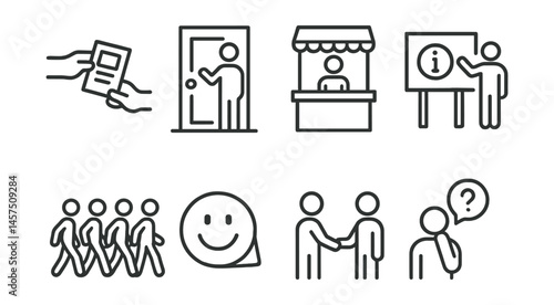 Line style icons of community outreach: flyer handout, door-to-door, community booth, info board, group walk, smile sticker, meet & greet, question help.