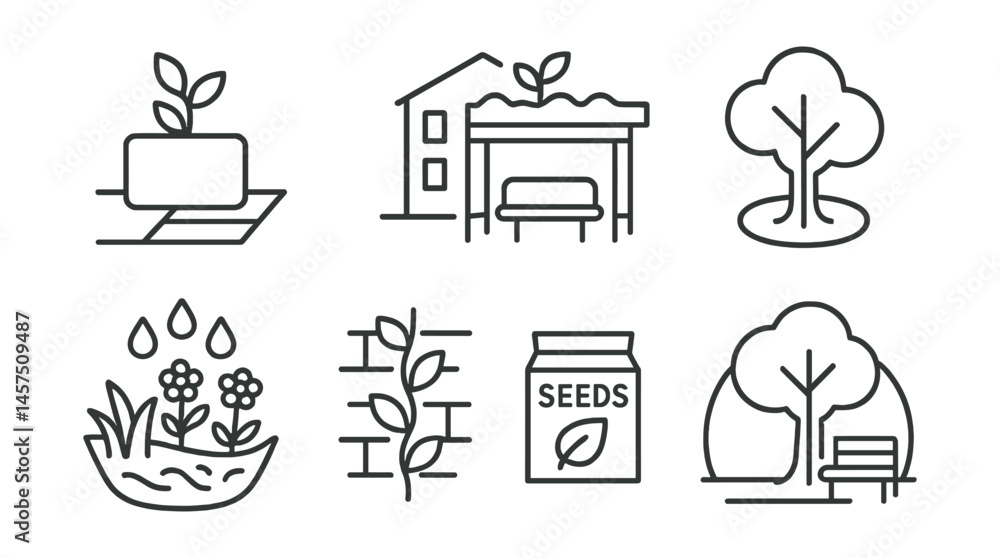 Line style icons of urban greening: sidewalk planter, rooftop soil, green bus stop, city tree ring, rain garden, wall vines, local seed box, cool shade area. Line style icons of urban greening: sidewalk planter, rooftop soil, green bus stop, city tree ring, rain garden, wall vines, local seed box, cool shade area.