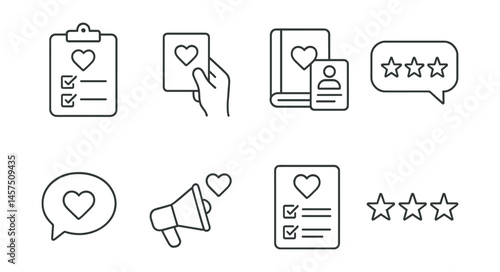 Line style icons of charity feedback tools: impact survey, suggestion card, story collect, rating bubble, open comment, donor voice, impact form, star scale.
