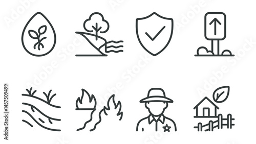 Line style icons of land protection: native seed icon, buffer zone, protected sign, trail marker, erosion control, firebreak line, community ranger, eco easement.