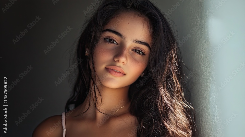 Naklejka premium Close-Up Portrait Of A Serene Young Woman With Freckles, Bathed In Soft Natural Light, Capturing Her Youthful Beauty And Calm Expression.