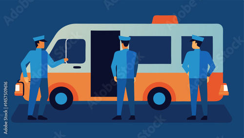 Loading Prisoners Two officers guiding prisoners into the transport van with handcuffs visibly attached.