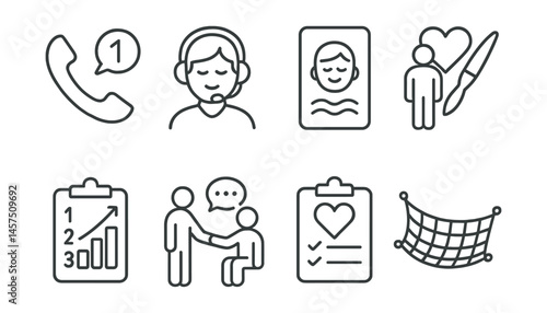 Line style icons of emotional crisis response: hotline number, calm agent, breathing card, suicide prevention icon, coping steps, peer support line, care plan, safety net.