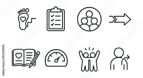 Line style icons of recovery support: healing steps, daily plan, accountability circle, slow progress arrow, support journal, recovery meter, peer cheer, follow-up icon.