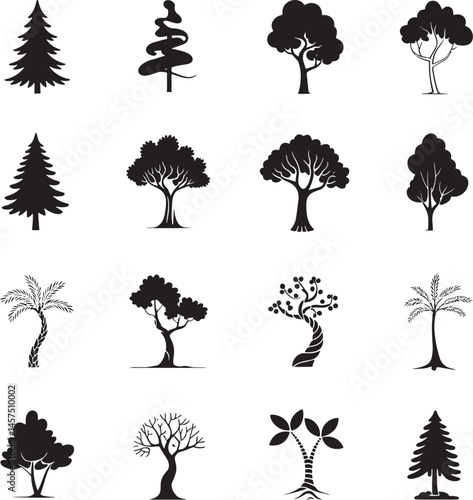 Various variant Tree silhouette set vector illustration isolated On Transparent Background