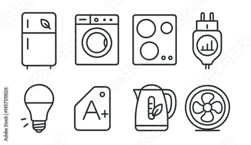 Line style icons of efficient appliances: low-energy fridge, front-load washer, induction stove, power meter plug, LED bulb icon, A+ sticker, eco kettle, rated fan.