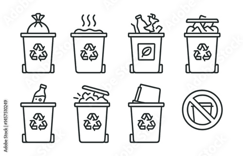 Line style icons of recycling bin misuse: bag inside bin, wet waste, wrong label, mixed trash, no rinsing, overflow lid, improper stacking, “no-go” icon.