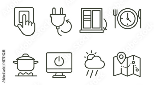 Line style icons of daily energy rituals: morning switch check, unplug reminder, window vent, meal timing tip, low energy cooking, evening shutdown, weather watch, routine map.