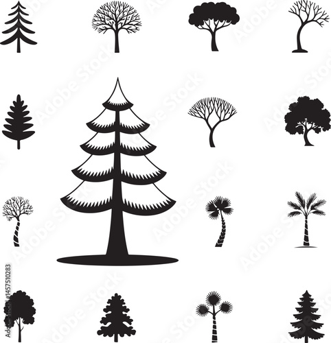 Various variant Tree silhouette set vector illustration isolated On Transparent Background