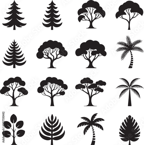 Various variant Tree silhouette set vector illustration isolated On Transparent Background