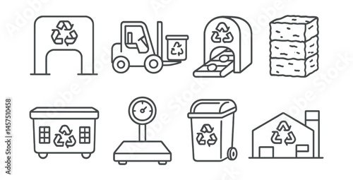 Line style icons of recycling infrastructure: material intake gate, forklift loader, sort tunnel, crushed stack, coded crate, weigh station, roll bin, facility layout.