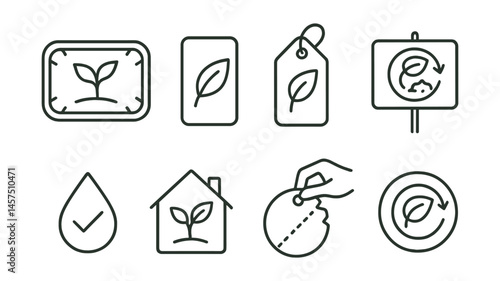 Line style icons of compostable packaging: plant-based tray, paper lid, fiber label, compost zone sign, food-safe ink, home compost icon, tear tag, logo variant.