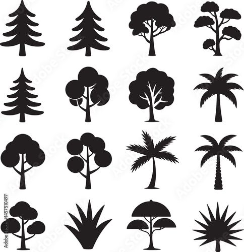 Various variant Tree silhouette set vector illustration isolated On Transparent Background