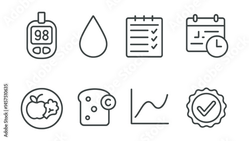 Line style icons of blood sugar management: glucose meter, blood drop icon, daily log sheet, insulin schedule, balance plate, carb count icon, glycemic chart, smart choice badge.