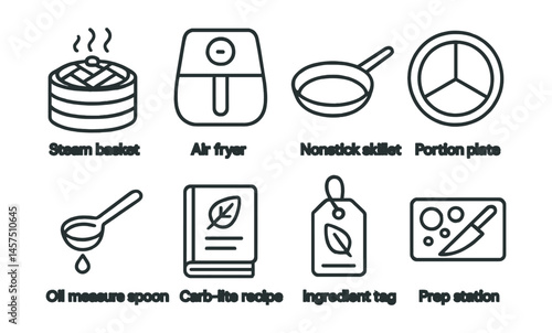 Line style icons of cooking for diabetes: steam basket, air fryer icon, nonstick skillet, portion plate, oil measure spoon, carb-lite recipe, ingredient tag, prep station.
