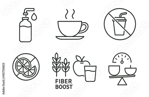 Line style icons of hydration and balance: refill water bottle, tea cup, no soda sign, hydration clock, limit juice symbol, fiber boost icon, food + water pair, satiety scale.