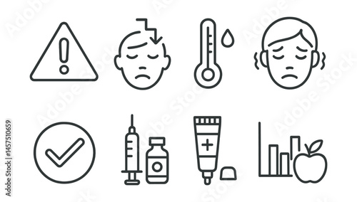 Line style icons of symptoms and prevention: alert icon, energy dip, thirst scale, visual blur icon, regular check mark, insulin guide, hypo rescue, food correction chart.