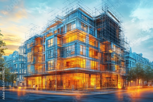 Open atrium exterior architecture illustration ecodesign overlay in warm goldenhour light