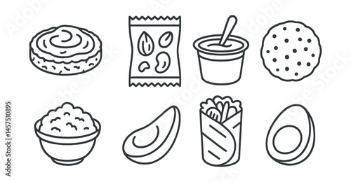 Line style icons of healthy sports snacks: rice cake with nut butter, trail mix pouch, yogurt cup, protein cookie, cottage cheese, avocado slice, tuna wrap, boiled egg.