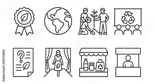 Line style icons of eco clubs and events: student green badge, Earth Day icon, team tree planting, club meeting board, eco quiz flyer, sustainable fashion show, low-waste fair, volunteer booth.