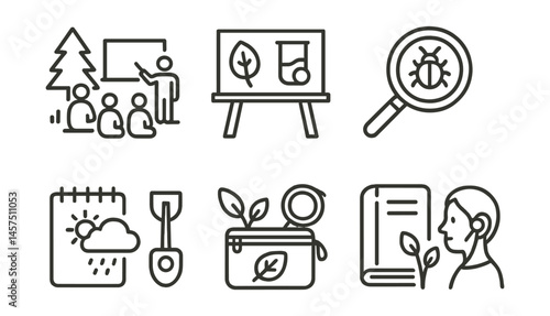 Line style icons of nature-based learning: forest classroom, outdoor science board, tree ring chart, bug viewer icon, weather log, field kit icon, nature notebook, listening session.