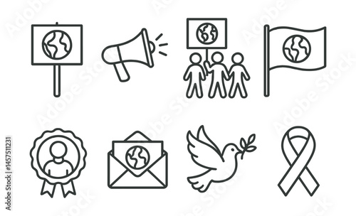 Line style icons of environmental activism: protest sign, megaphone icon, climate march, Earth flag, activist badge, climate message, peace dove, green ribbon.