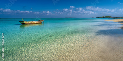 a serene Okinawan beach with pristine white sand, crystal-clear emerald blue waters gently lapping the shore, a traditional fishing boat visible in the distance, under a clear blue sky