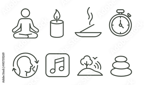 Line style icons of meditation and relaxation: seated pose, candle icon, breathing circle, incense smoke, relax timer, music for calm, nature sound, zen stones.