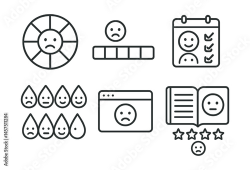 Line style icons of mood tracking: emotion wheel, mood bar, calendar icon, emoji log, color-coded feelings, daily check-in, journal face, rate your day.