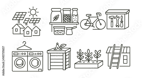 Line style icons of shared housing sustainability: community solar grid, bulk food pantry, bike parking rack, tool library box, co-laundry room, communal compost bin, herb garden patch, shared roof