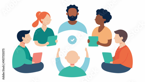 Community Health Dialogue A circle of diverse individuals sitting together discussing health information with one person holding a sign that says Verify Before You Share