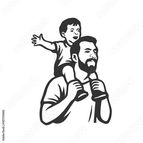 Father carrying his son on his shoulders Silhouette Hand Drawn Sketch Line Art Black and White Isolated Vintage Retro Design Logo Vector, ideal for family-oriented, childcare, parenting, and lifestyle