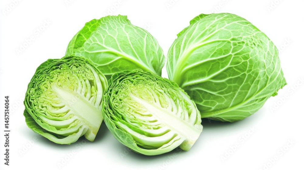 Fototapeta premium Fresh green cabbages whole and cut on white background